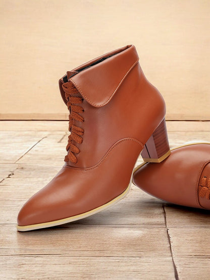 Women's Brown Lace-Up Ankle Boots with Low Block Heel