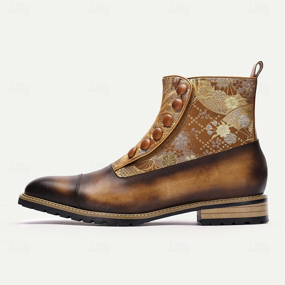 Men's Vintage Cowhide Leather Floral Brocade Ankle Boots with Button-Up Detail