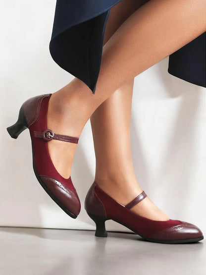 Women's Vintage Red and Brown Mary Jane Pumps with Suede and Leather Combination, Brogue Detailing, and Low Block Heel