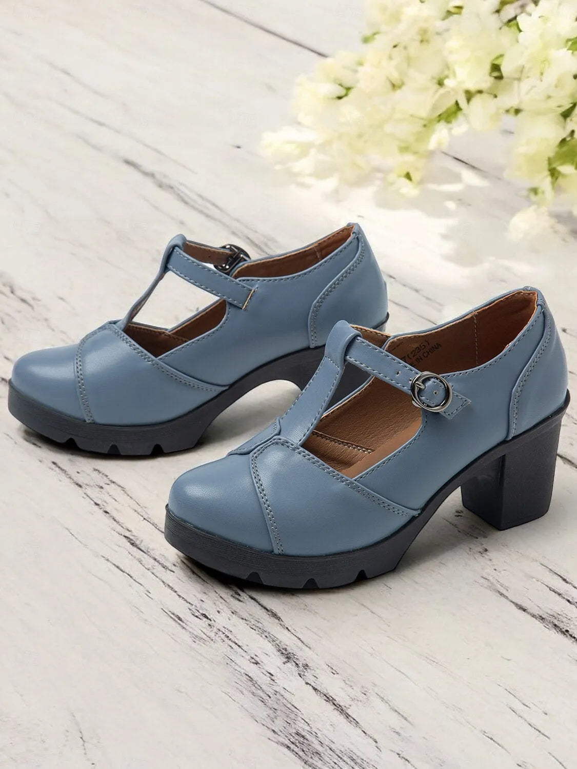 Women's Blue Mary Jane Chunky Heel Shoes - Retro T-Strap Design for Office and Casual Wear