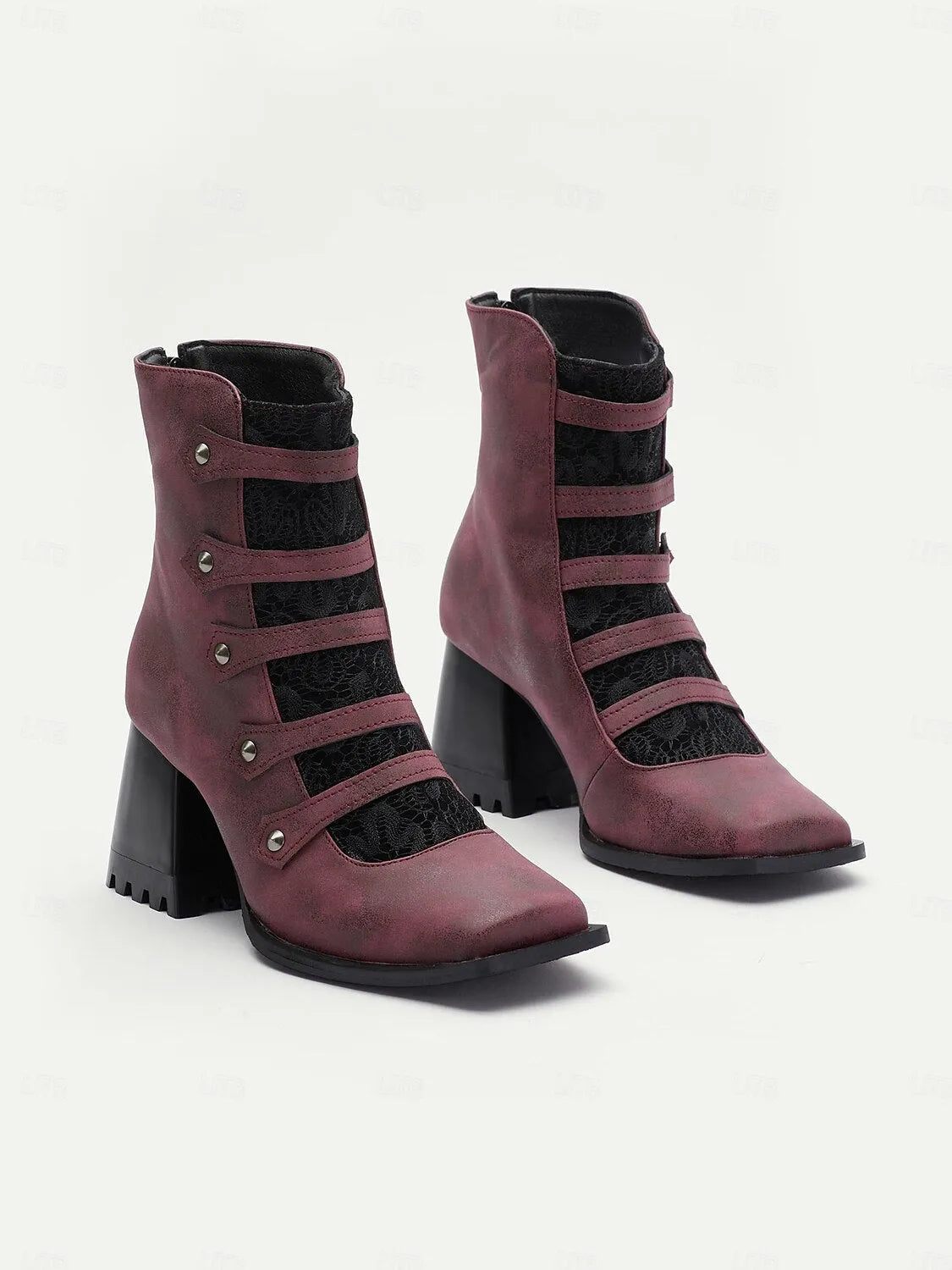 Women's Gothic Burgundy Ankle Boots with Straps and Lace Panel - Chunky Block Heel Retro Style Boots with Side Zipper