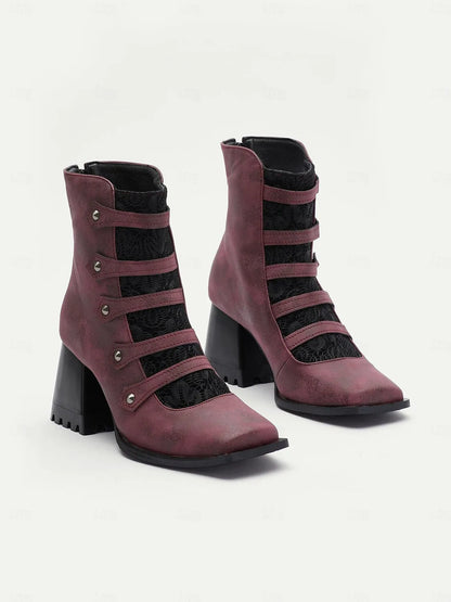 Women's Gothic Burgundy Ankle Boots with Straps and Lace Panel