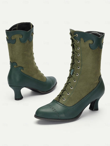 Women's Victorian Vintage Green Lace-Up Boots with Scalloped Trim and Brogue Detailing