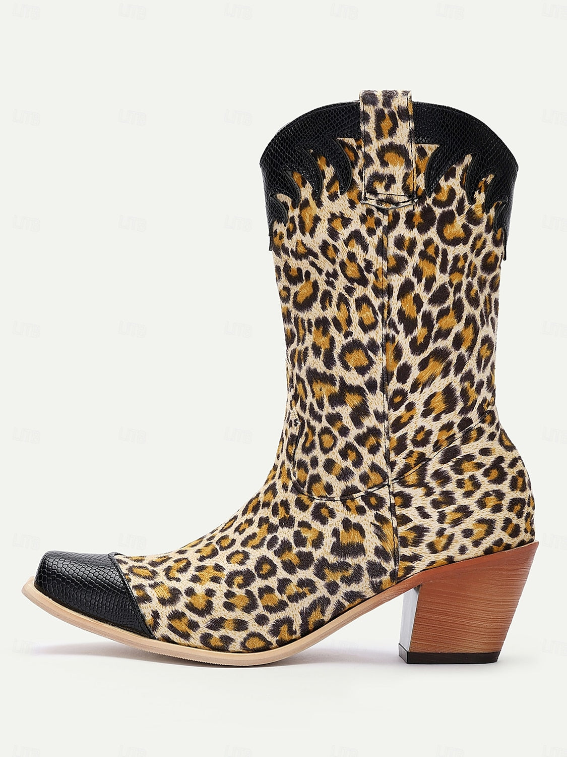 Women's Leopard Print Western Cowboy Boots with Black Faux Leather Accents