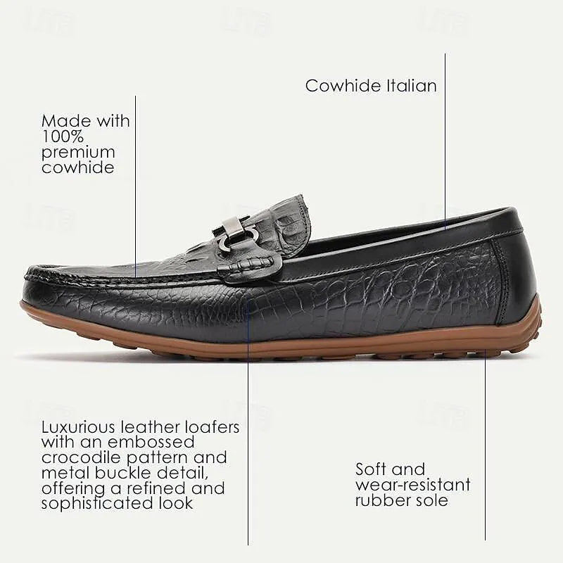 Men's Black Leather Crocodile Loafers with Metal Buckle - Tokiyos