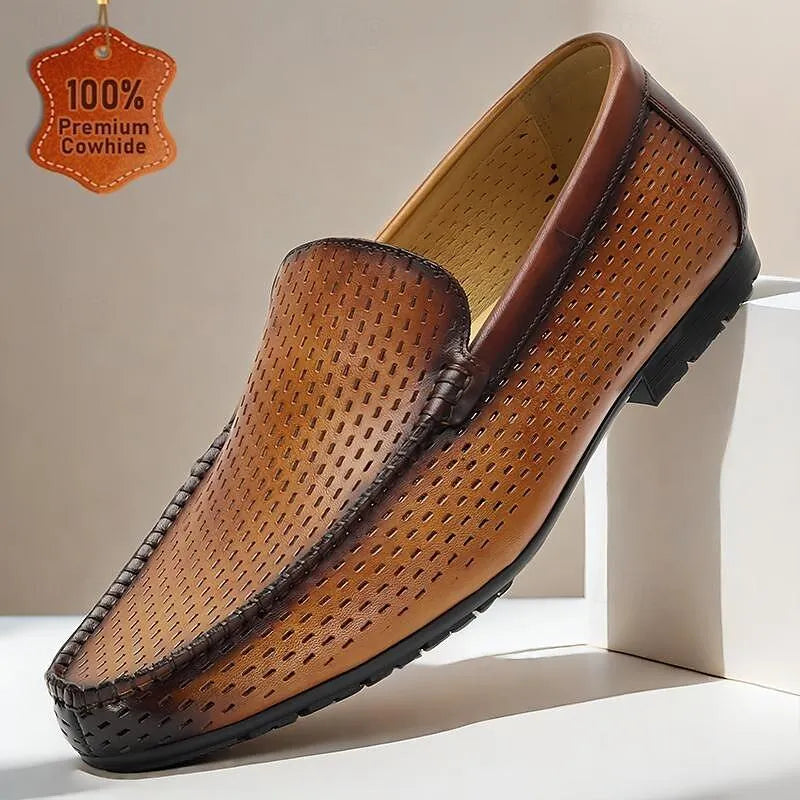 Men's Brown Perforated Leather Slip-On Loafers - Tokiyos