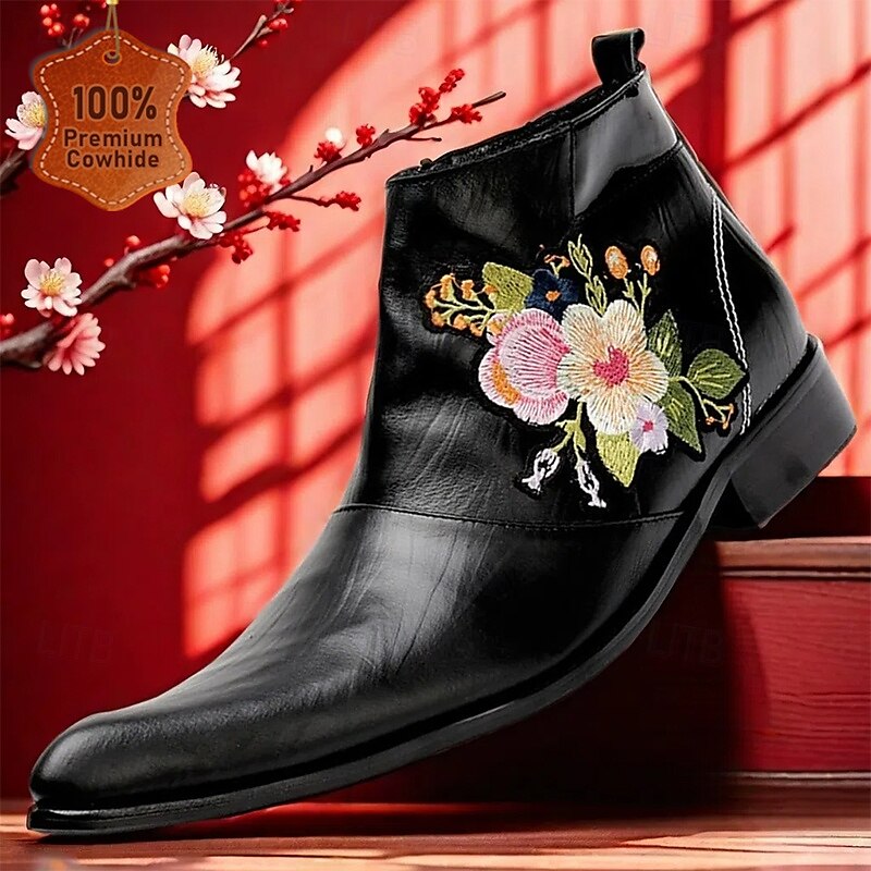 Men's Premium Cowhide Embroidered Leather Ankle Boots - Stylish Floral Design for Casual or Formal Wear