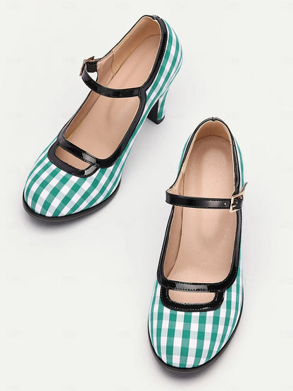 Women's Green Gingham Mary Jane High Heels with Buckle Strap, Retro Style for Vintage-Inspired Outfits and Costume Parties