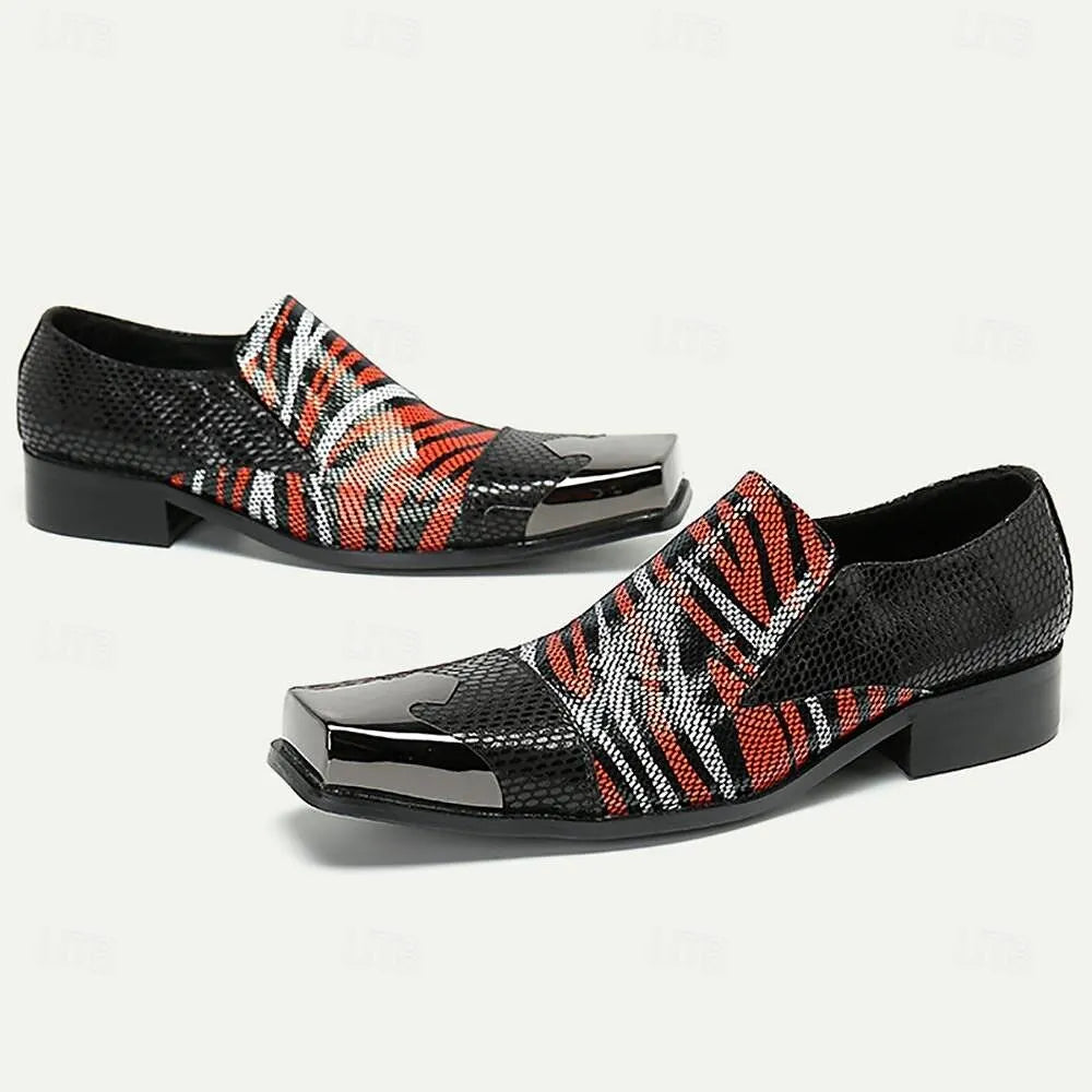 Men's Tiger Print Dress Shoes - Black and Orange Stylish Patent Leather Loafers - Tokiyos