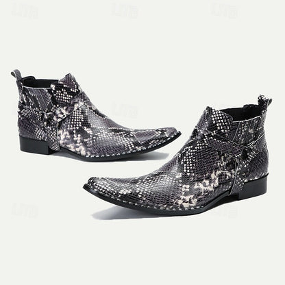 Men's Premium Cowhide Leather Ankle Boots with Snakeskin Pattern