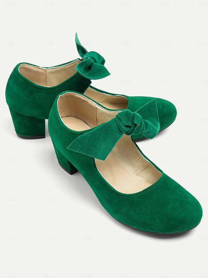 Women's Green Suede Mary Jane Shoes with Bow Detail