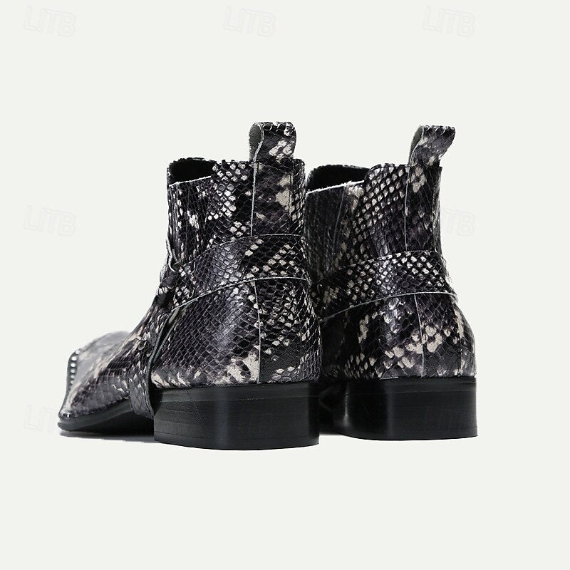 Men's Premium Cowhide Leather Ankle Boots with Snakeskin Pattern