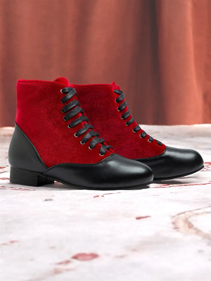 Women's Victorian Red and Black Lace-Up Ankle Boots with Suede and Leather Contrast