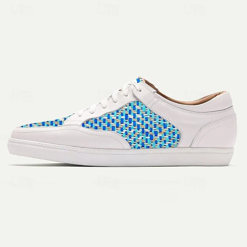 Men's White Leather Sneakers with Blue Woven Pattern - Comfortable Casual Shoes - Tokiyos