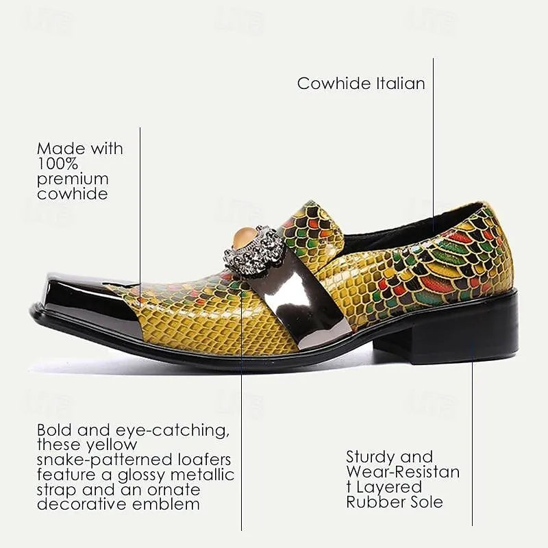 Men's Green and Gold Snakeskin Loafers with Jewel-Encrusted Buckle - Tokiyos