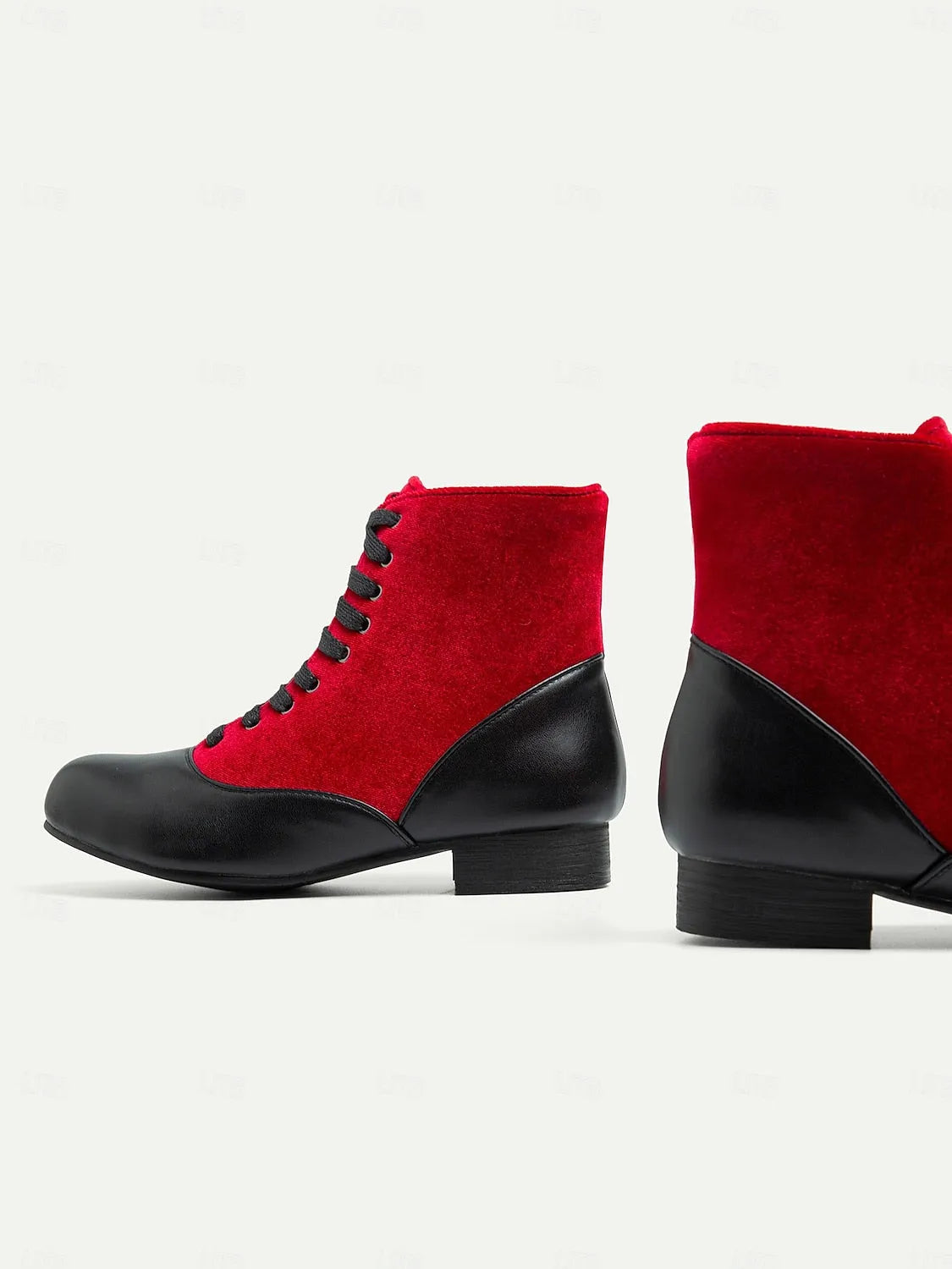 Women's Victorian Red and Black Lace-Up Ankle Boots with Suede and Leather Contrast