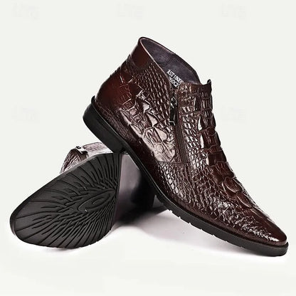 Men's Brown Crocodile Pattern Leather Ankle Boots - Premium Cowhide Zipper Dress Shoes