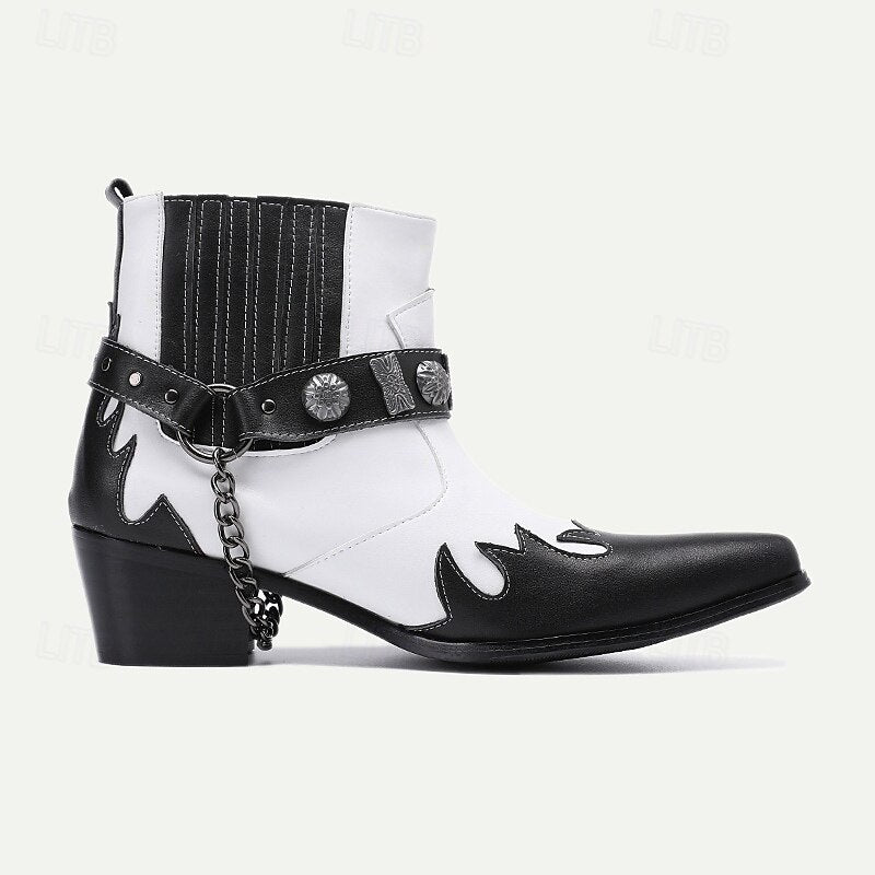 Men's Premium Cowhide Black and White Motorcycle Boots with Studded Strap, Chain Detail, and Western Style - Perfect for Riding and Casual Wear