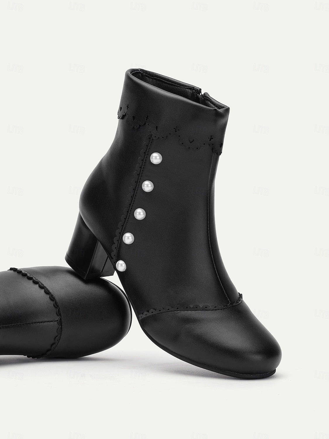 Women's Vintage Black Ankle Boots with Pearl Button Details