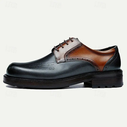 Men's Black and Brown Leather Oxford Shoes with Brogue Detailing, Classic Two-Tone Dress Shoes for Formal and Business Wear