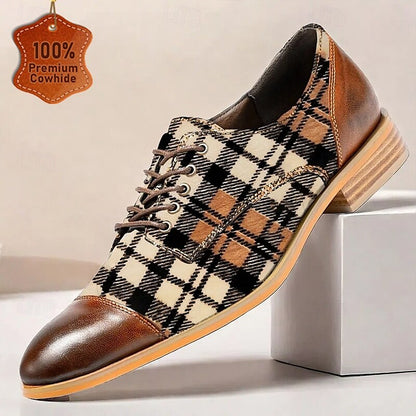 Men's Brown Plaid Oxford Shoes Premium Cowhide Leather Horsehair