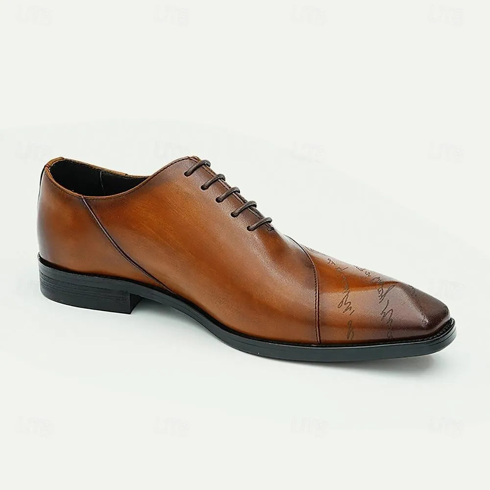 Men's Brown Leather Lace-Up Dress Shoes with Embossed - Tokiyos