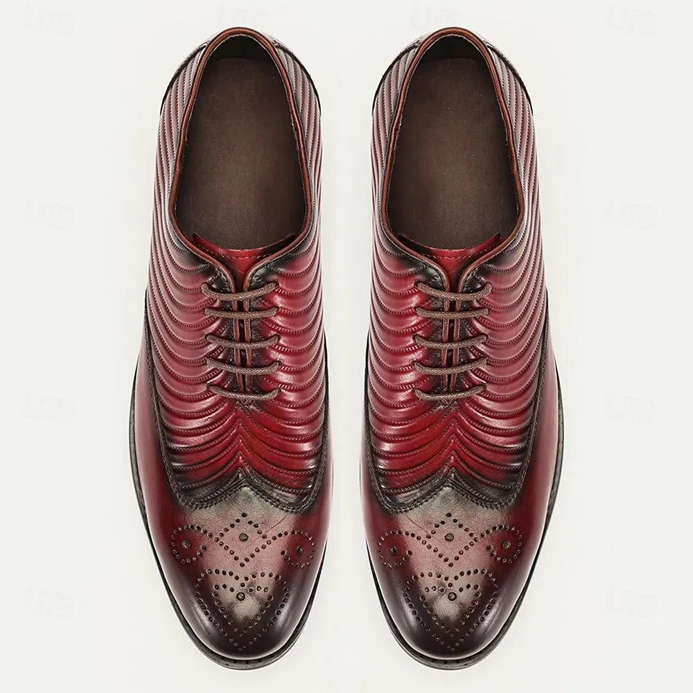 Men's Premium Cowhide Burgundy Oxford Shoes with Ribbed Design and Perforated Detailing