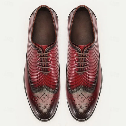 Men's Premium Cowhide Burgundy Oxford Shoes with Ribbed Design and Perforated Detailing