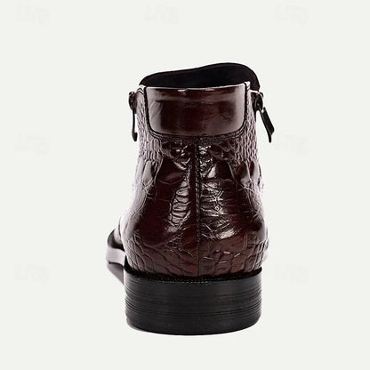 Men's Brown Crocodile Pattern Leather Ankle Boots - Premium Cowhide Zipper Dress Shoes