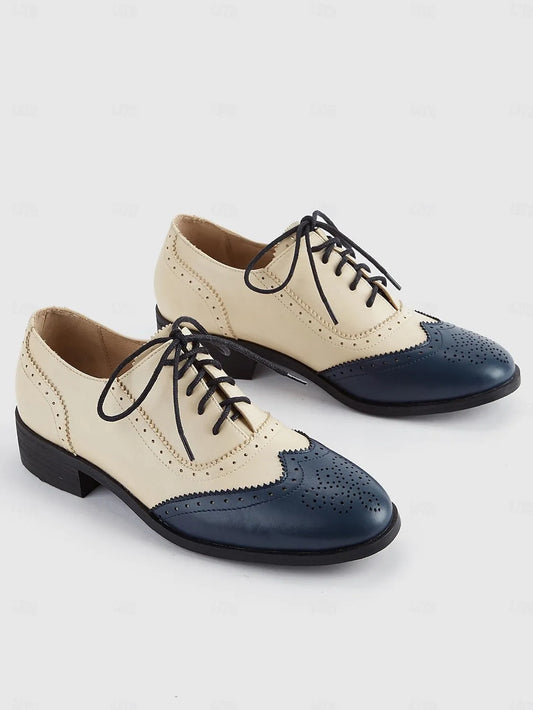 Women's Two-Tone Navy and Cream Lace-Up Oxford Shoes with Brogue Detailing