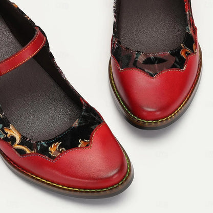 Red Floral Mary Jane Heels with Buckle - Women's Leather Shoes - Tokiyos