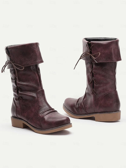 Women's Burgundy Convertible Mid-Calf Boots with Fold-Down Cuff and Lace-Up Detail - Versatile Vintage-Inspired Footwear for Casual and Fall Outfits