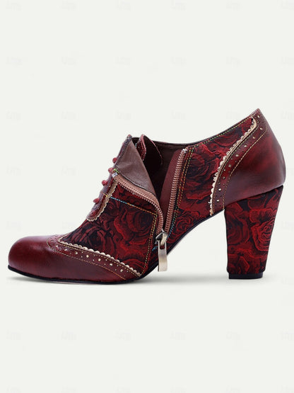 Women's Red Floral Lace-Up Heeled Oxford Shoes-Vintage Brogue Design with Rose Pattern for Retro and Steampunk Styles