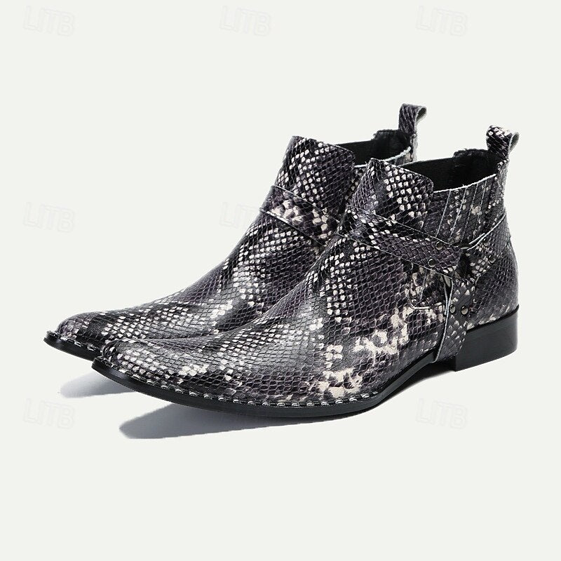 Men's Premium Cowhide Leather Ankle Boots with Snakeskin Pattern