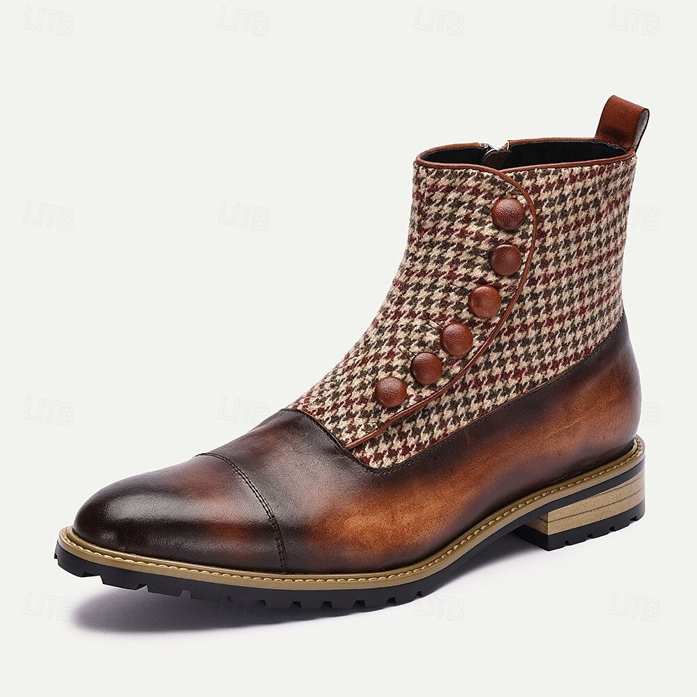 Men's Houndstooth Tweed and Leather Ankle Boots with Button-Up Detail