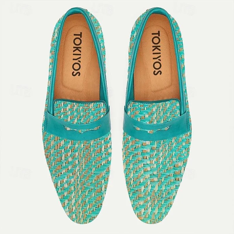 Men's Woven Slip-On Loafers - Casual Shoes with Turquoise Knit Design and Comfortable Sole - Tokiyos