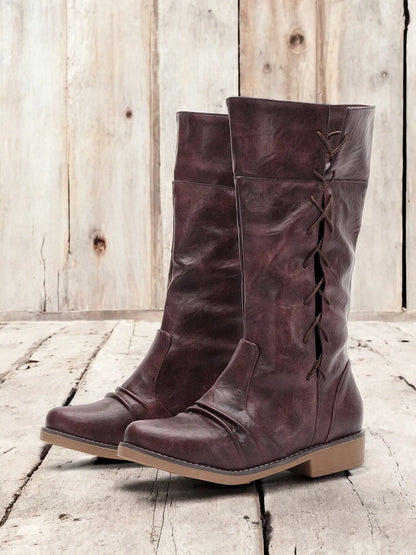 Women's Burgundy Convertible Mid-Calf Boots with Fold-Down Cuff and Lace-Up Detail - Versatile Vintage-Inspired Footwear for Casual and Fall Outfits