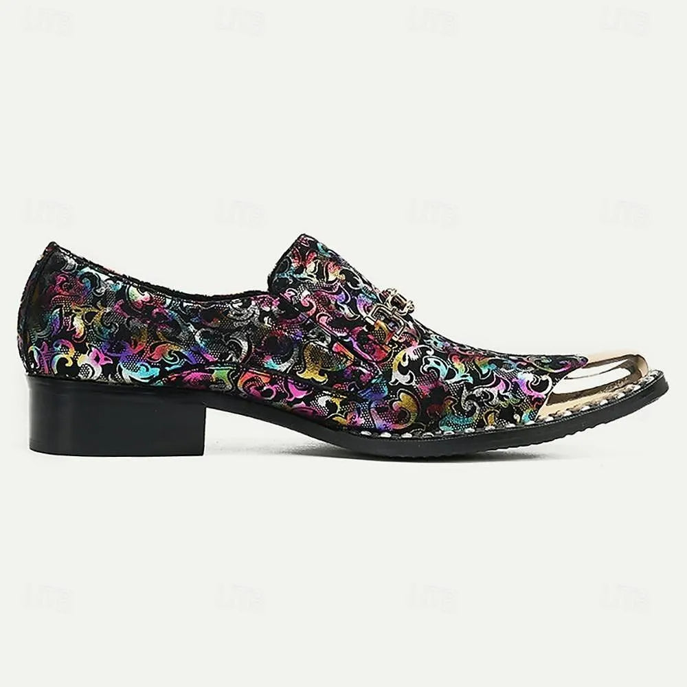 Men's Multicolor Pattern Loafers - Stylish Slip-On Dress Shoes with Metallic Toe Cap - Tokiyos