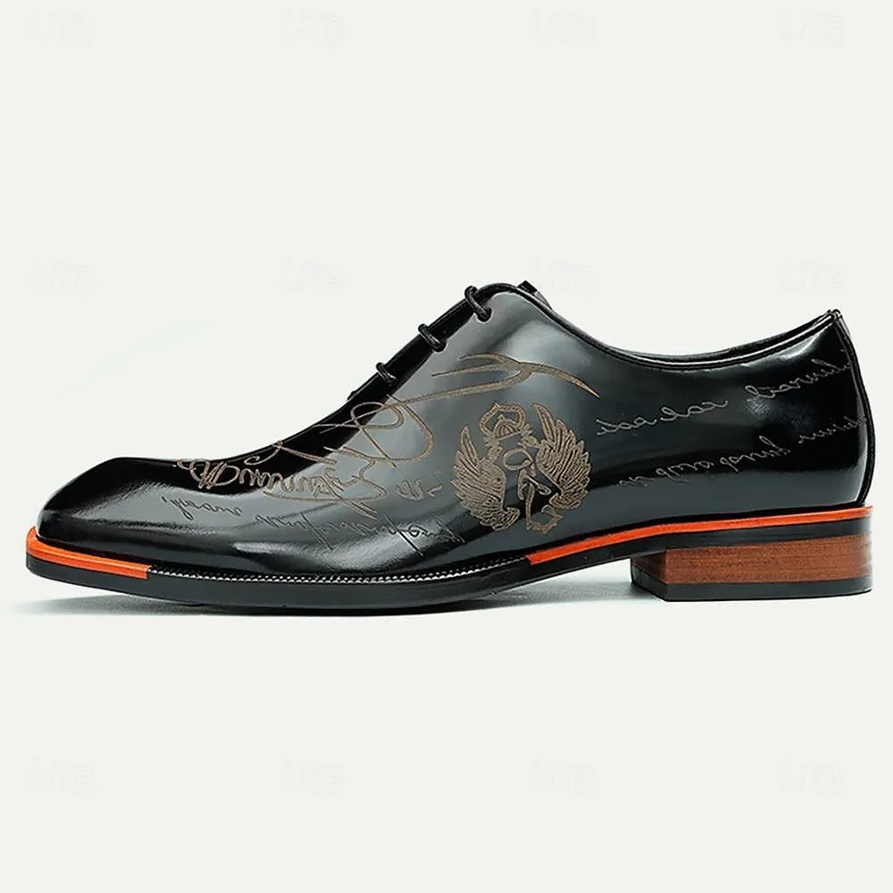 Men's Glossy Black Leather Oxford Shoes with Engraved Detail - Tokiyos