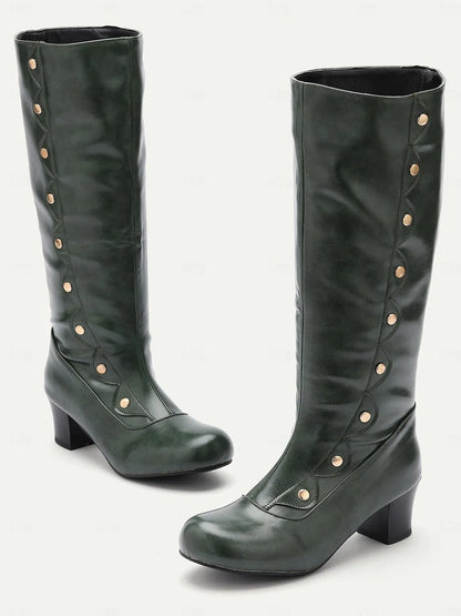 Vintage-Style Black Knee-High Boots with Decorative Buttons