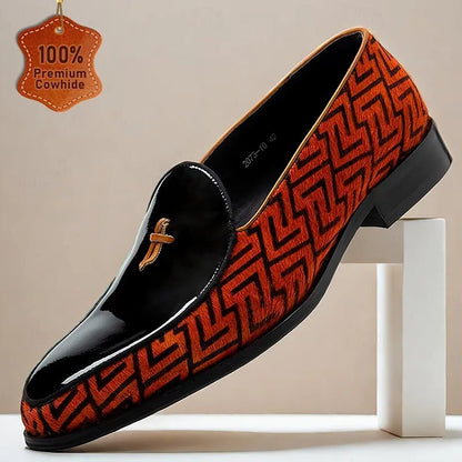 Men's Premium Cowhide Leather Loafers - Black and Red Patterned Slip-On Dress Shoes