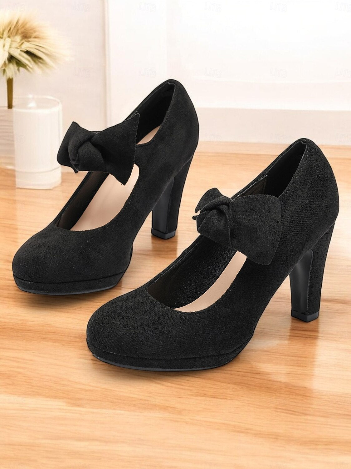 Women's Black Suede Bow Heels-Elegant Round-Toe Platform Pumps for Formal Events and Parties