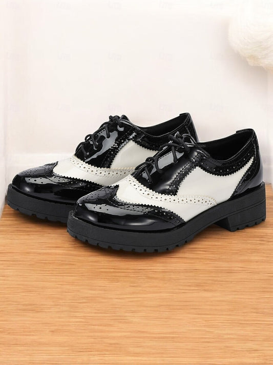 Women's Black and White Brogue Oxford Shoes – Patent Faux Leather Lace-Up, Chunky Sole, Vintage Style for Formal and Casual Wear