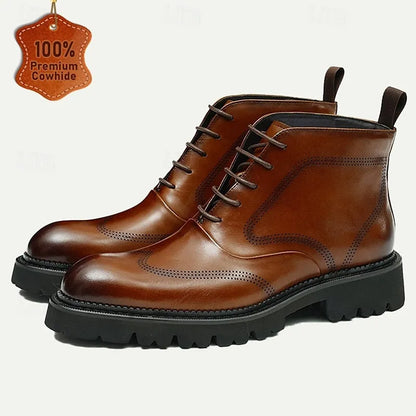 Men's Premium Cowhide Leather Brogue Ankle Boots