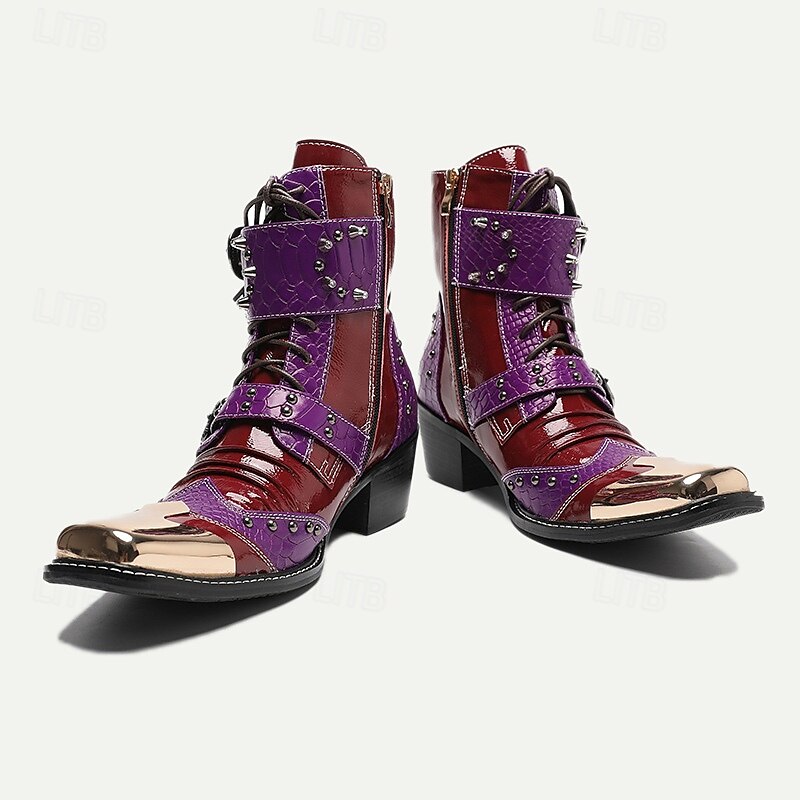 Men's Premium Cowhide Studded Motorcycle Boots - Bold Red and Purple Design with Buckles and Metallic Toe Cap