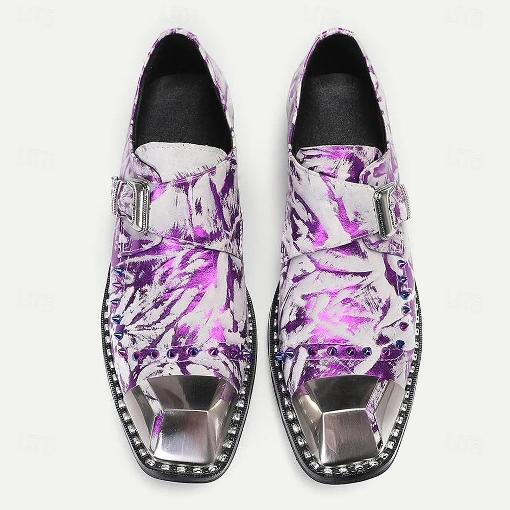 Men's Metallic Purple Printed Leather Shoes with Buckle and Spikes - Tokiyos