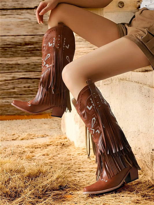 Women's Brown Faux Leather Fringe Western Cowboy Boots with Embroidered Details