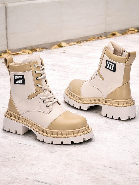 Women's Beige and Cream Chunky Combat Boots with Rugged Sole and Lace-Up Design - Streetwear and Outdoor Fashion