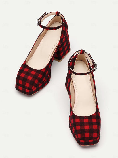 Women's Red Plaid Block Heel Mary Jane Shoes with Ankle Strap, Vintage Style