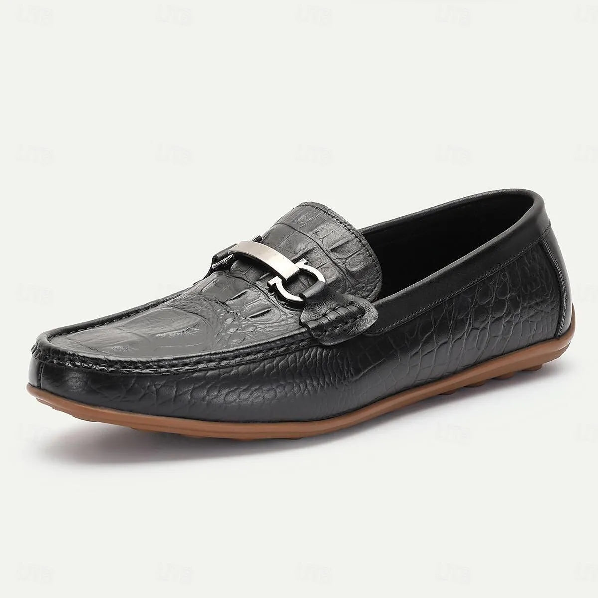 Men's Black Leather Crocodile Loafers with Metal Buckle - Tokiyos